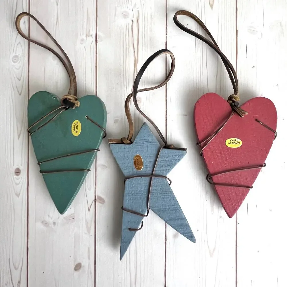 Rustic Western Wooden, Wire, Metal Leather Star & Hearts Ornaments & Tree Topper